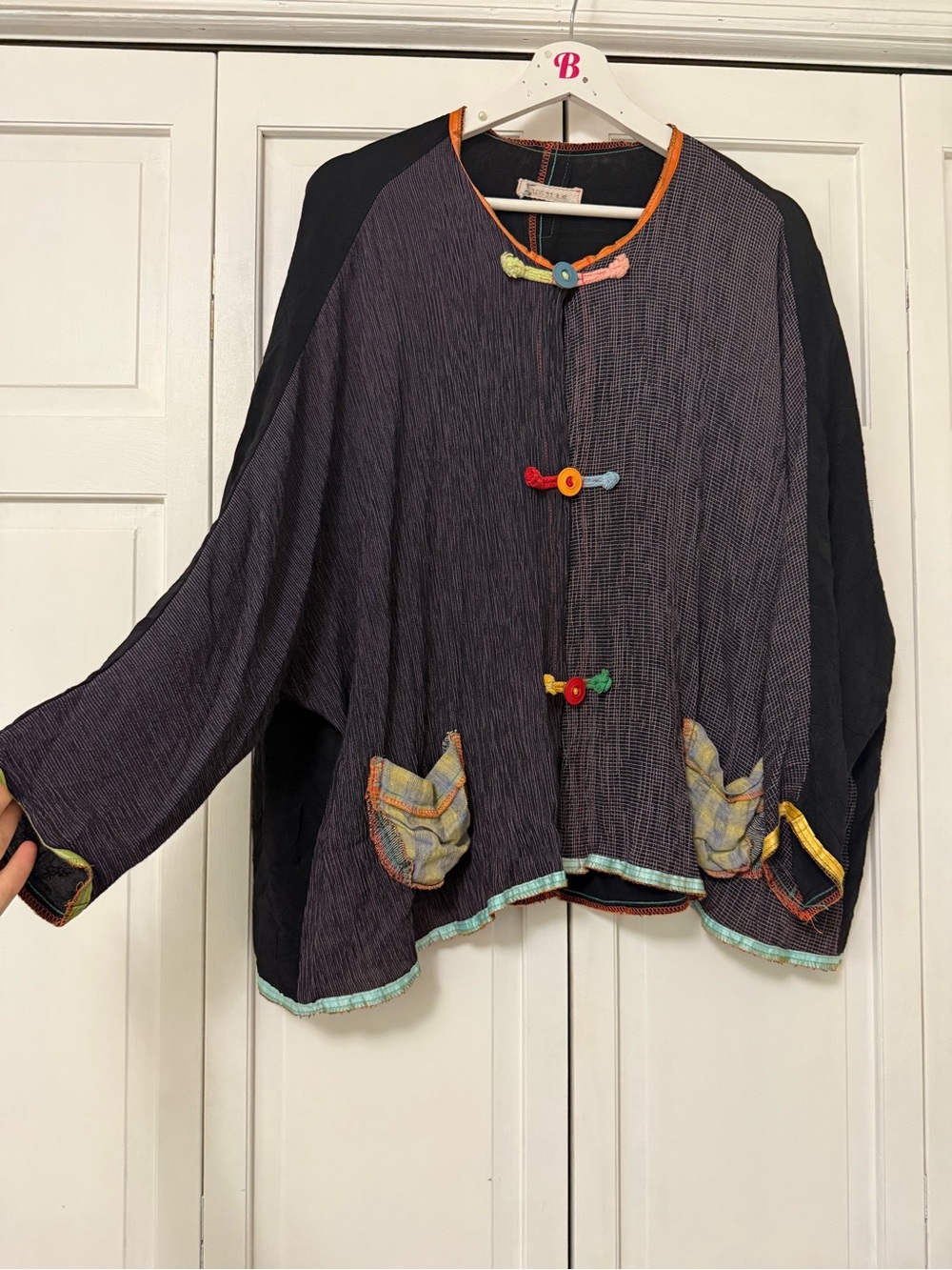 Boho Button-Front Jacket Cardigan in Black/Charcoal with Colorful Trim Patchwork